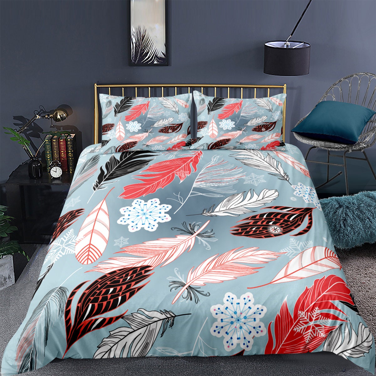 Feather Duvet Cover Set Twin Colorful Feather Pattern Printed Etsy