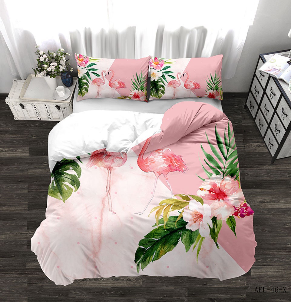 Flamingo Duvet Cover Palm Leaf Bedding Set Queen Size for Kids Etsy