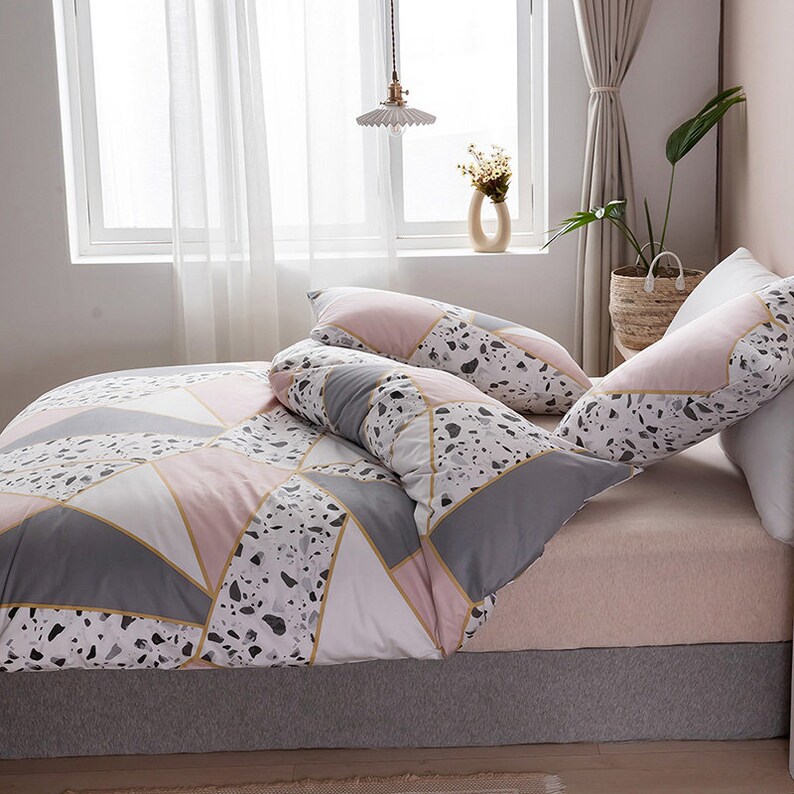 Pink Marble Bedding Natural Cotton Duvet Cover Set Pink Gold Etsy