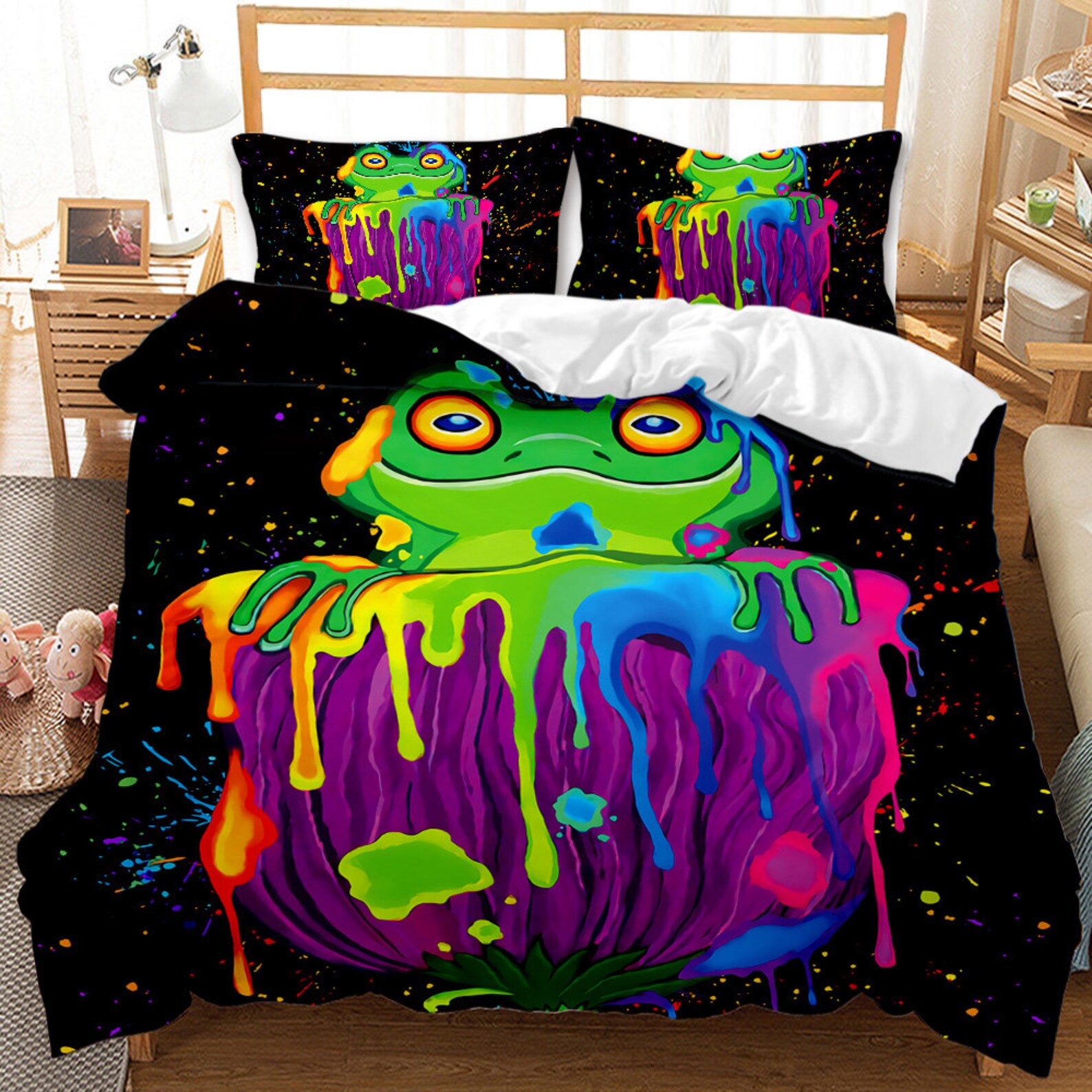 Colorful Frog Bedding Set Duvet Cover King Frog Black Bed Set Etsy UK