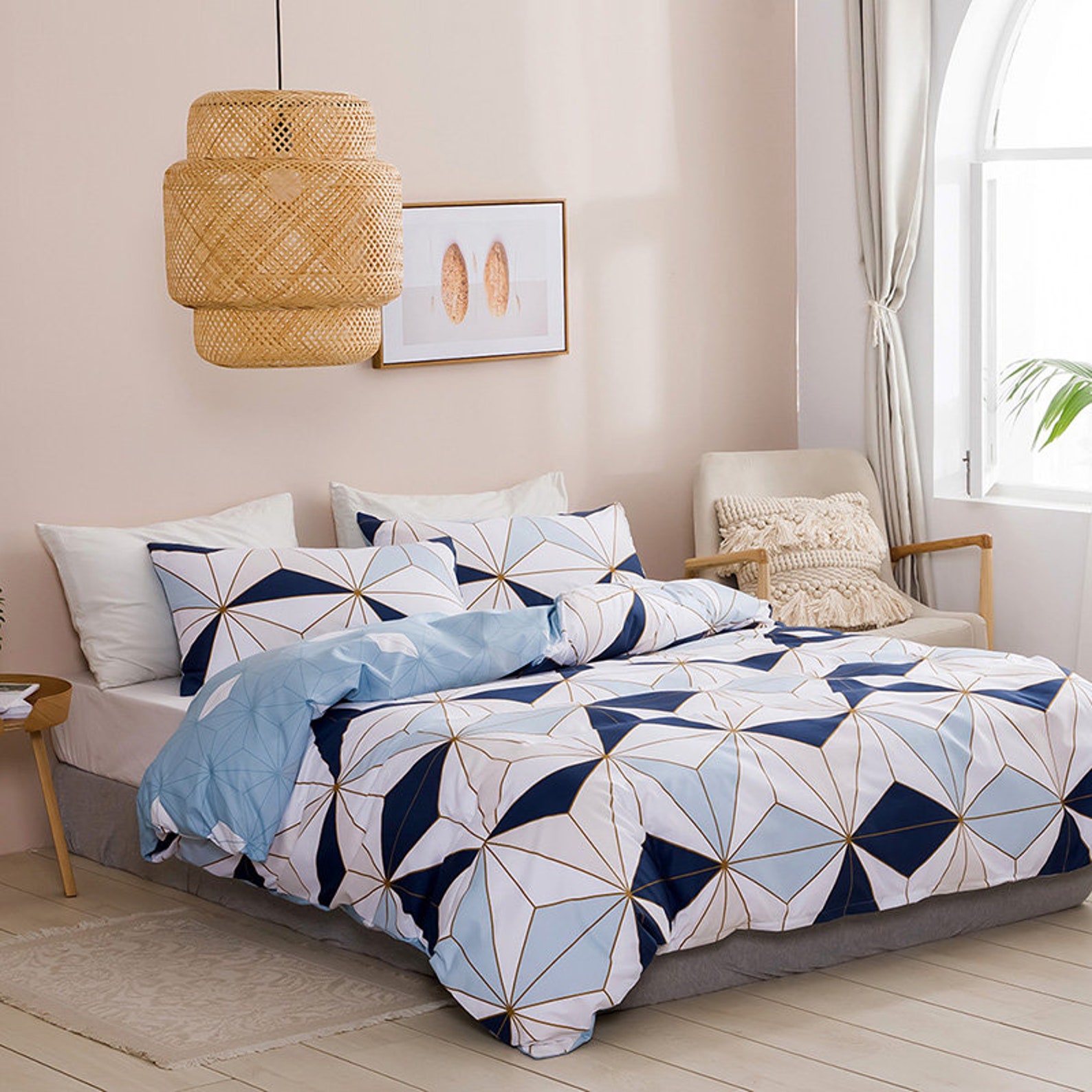 Geometric Plaid Duvet Cover Set Blue Pink Bedding White Gold Etsy