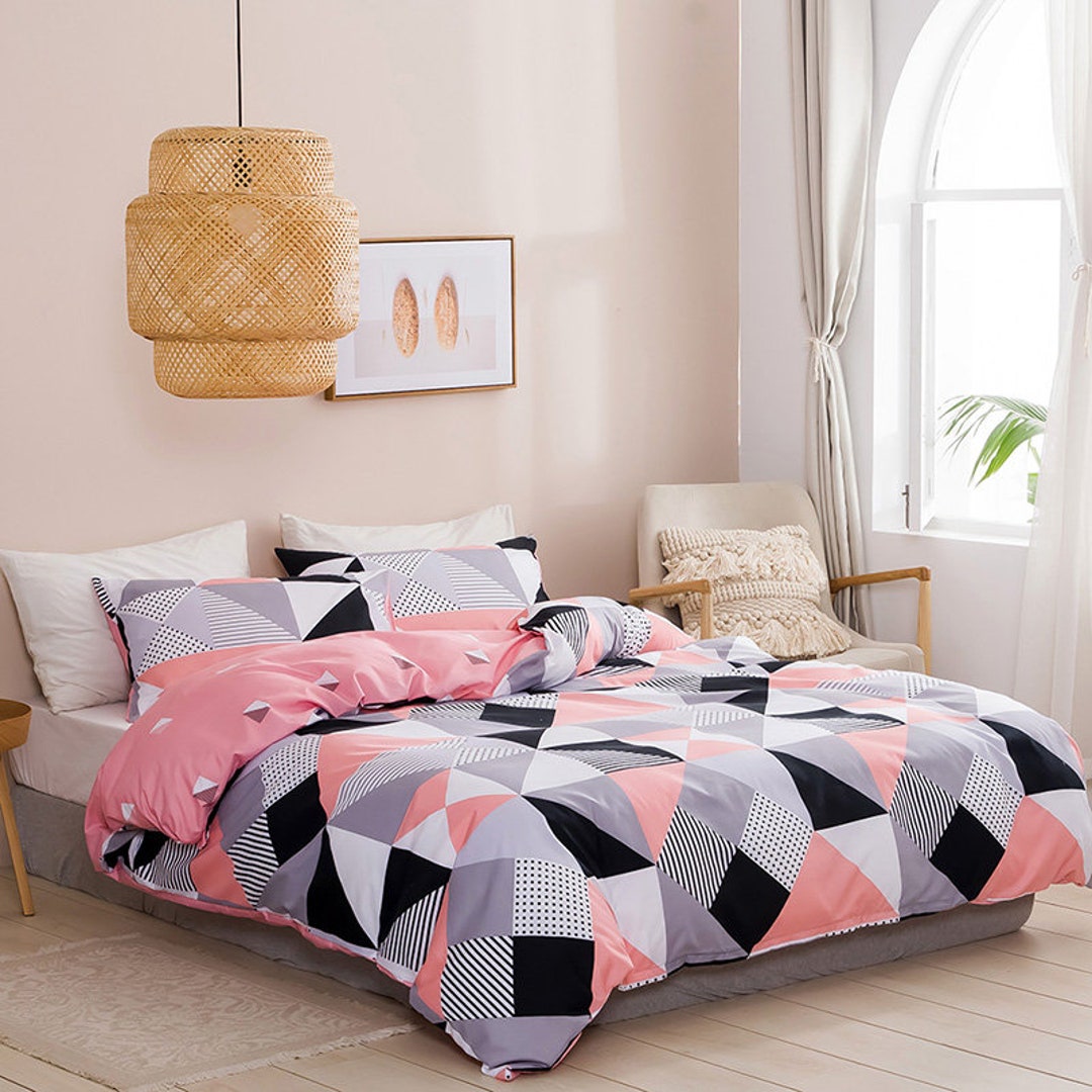 Blush Pink Plaid Queen Duvet Cover Set Modern Black Mini Grid Etsy