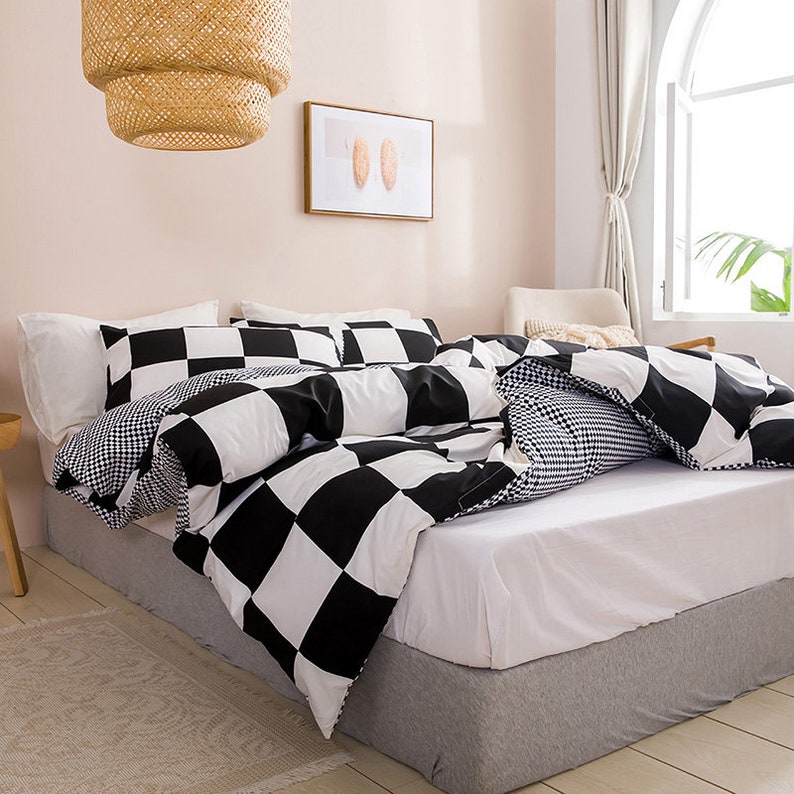 Black and White Grid Duvet Cover Set Geometric Checkered Etsy Australia