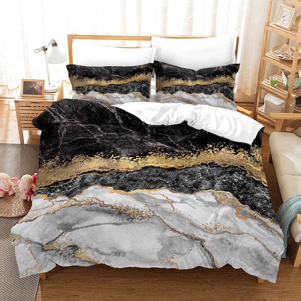 Marble Duvet Cover Black Golden Pastel 