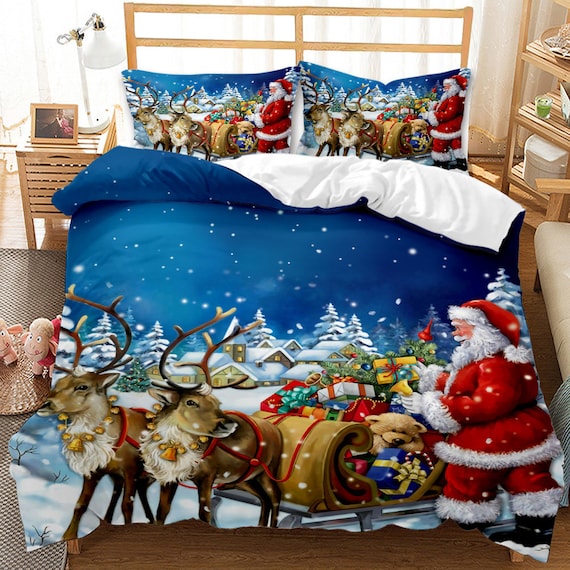 4 Piece Bed In A Bag Christmas Themed Red Santa Claus Toys Queen Comforter Set 