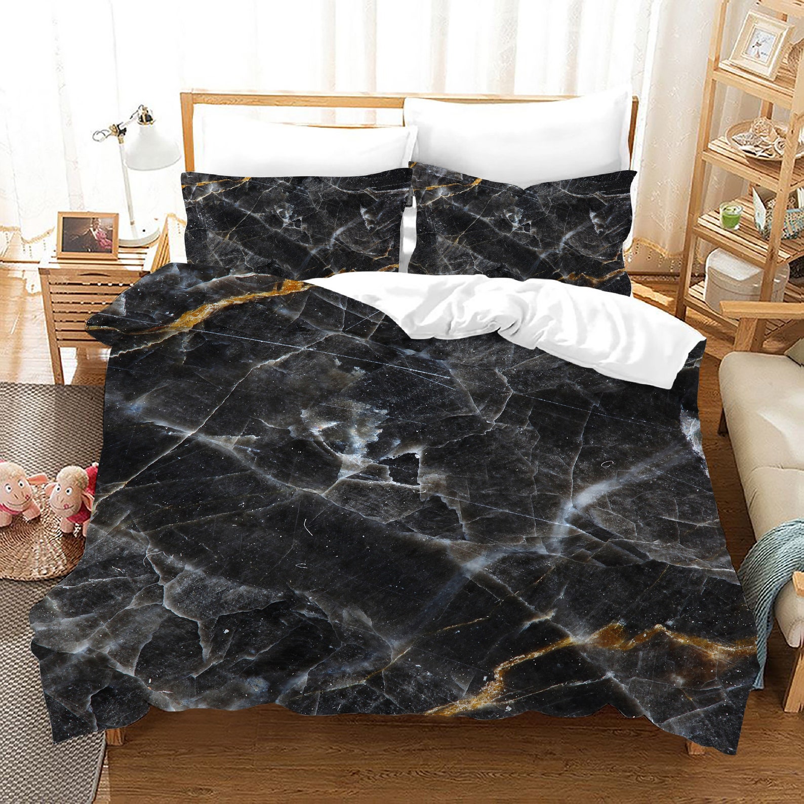 Black Marble Bedding Black Duvet Cover Set Black Marble Etsy