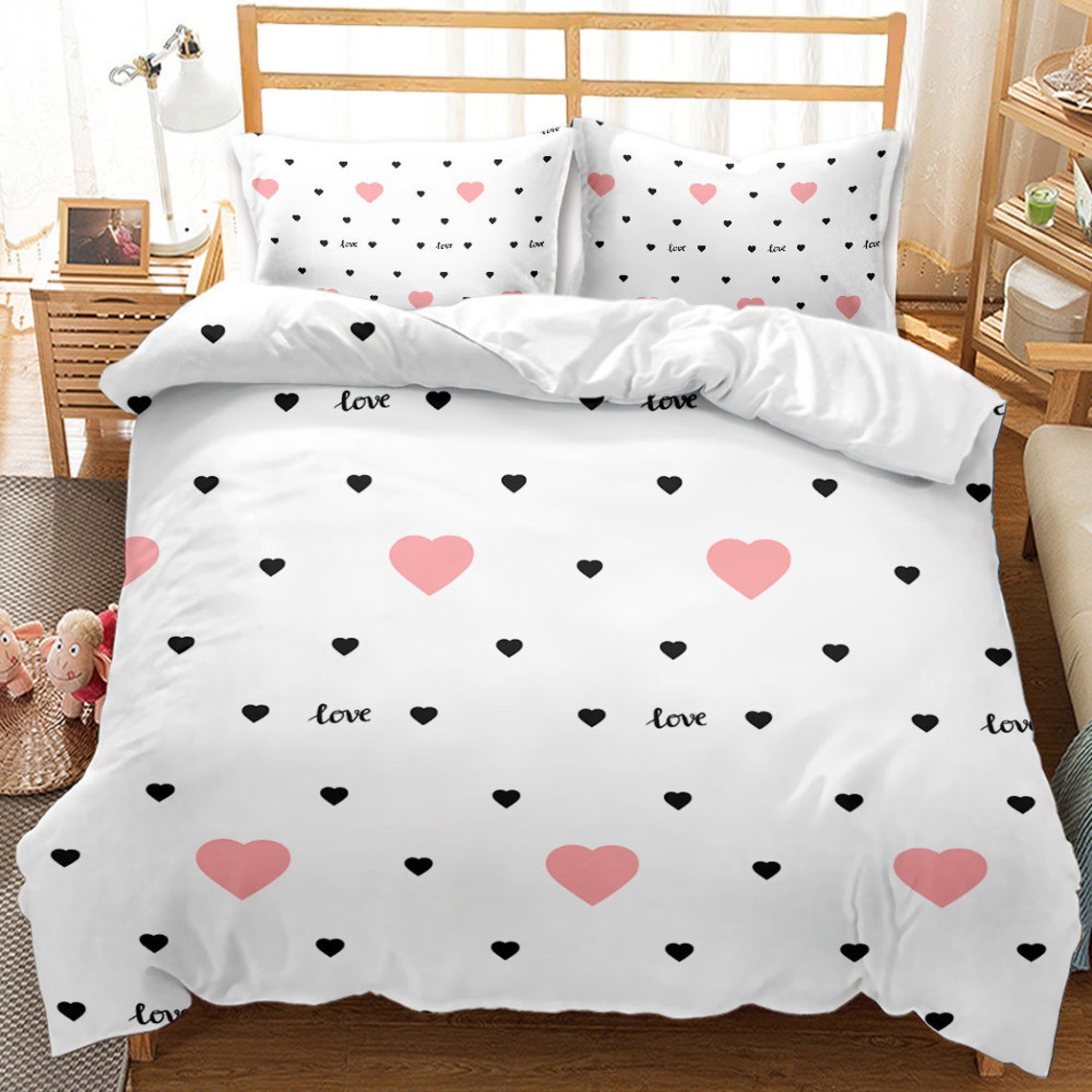 Blush Pink Love Heart Print Duvet Cover Queen Black and Dusty Etsy