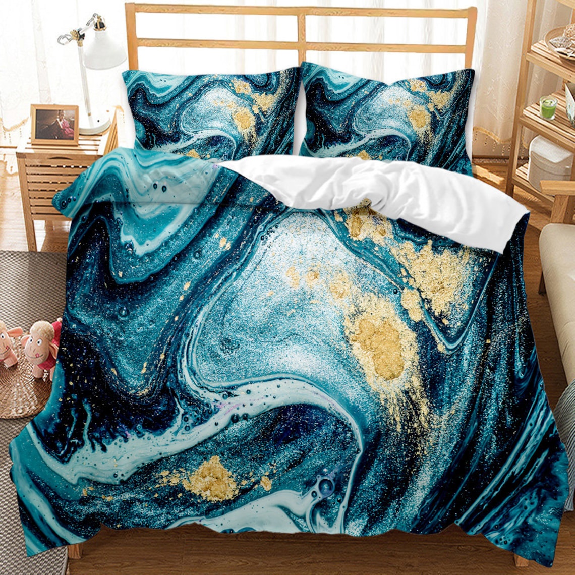 Blue Marble Duvet Cover Set Modern Art Abstract Printed Etsy