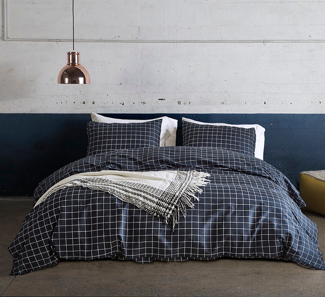 Navy and White Plaid Duvet Cover King 104x90 Inch 3pc Etsy