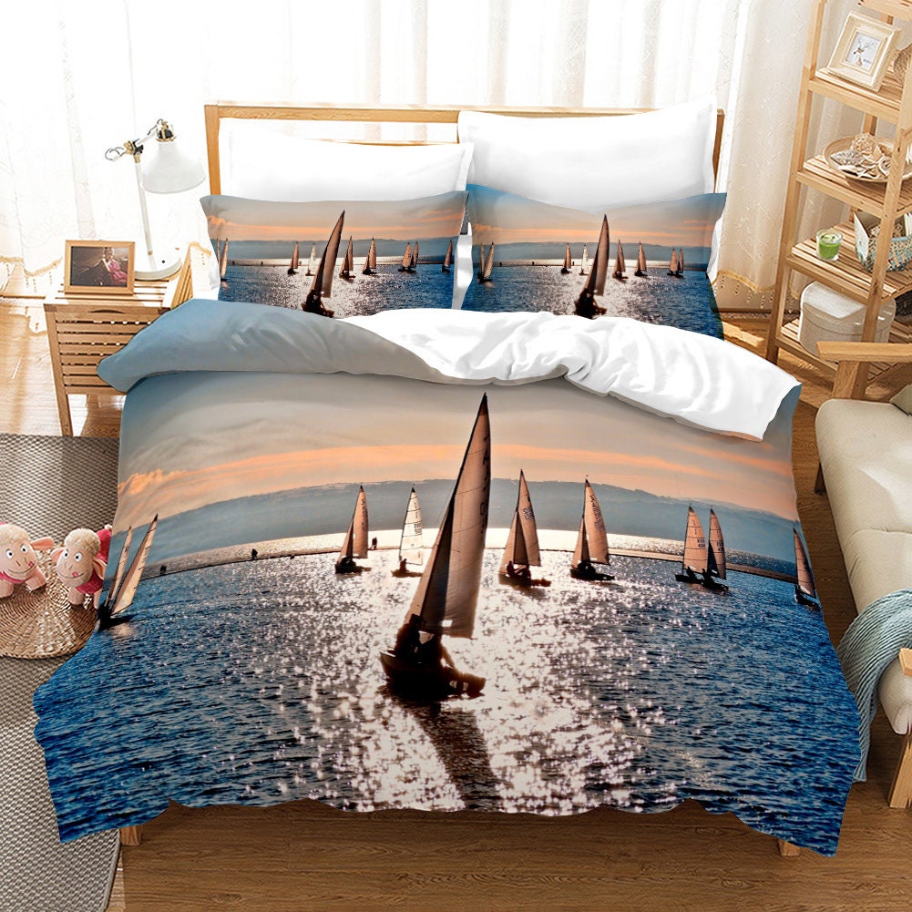 Nautical Duvet Cover Set Queen Size Sail Boat in The Sea Etsy