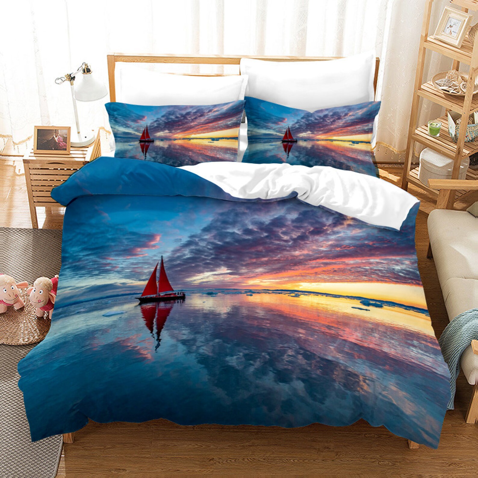Sailboat Bedding Set Nautical Decor Duvet Cover King Size Blue Etsy