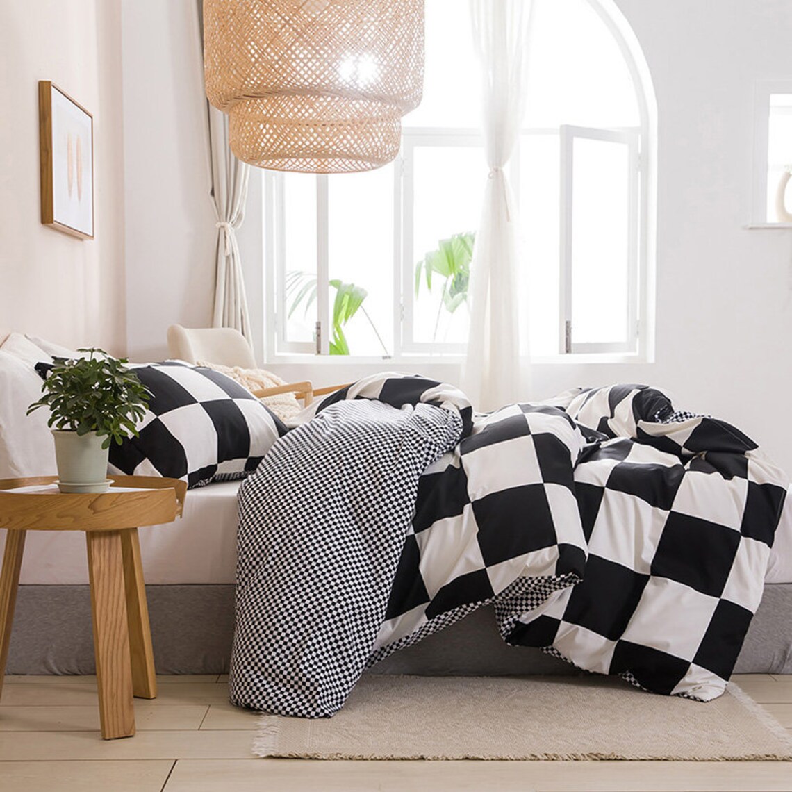 Black and White Grid Duvet Cover Set Geometric Checkered Etsy