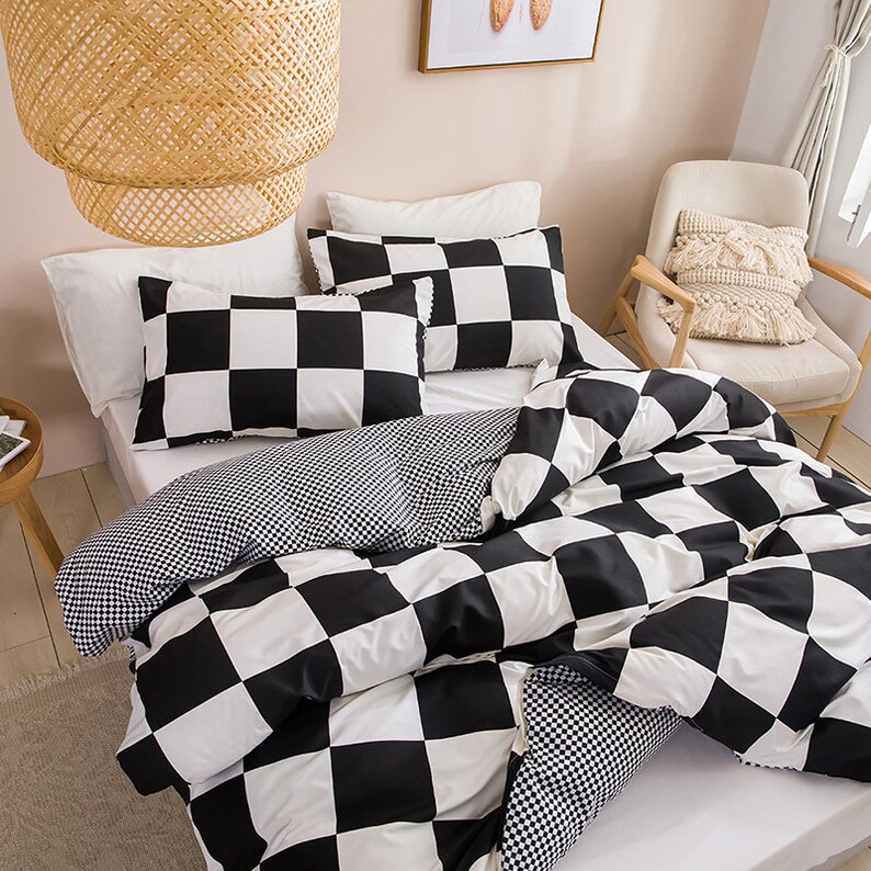 Black and White Grid Duvet Cover Set Geometric Checkered Etsy