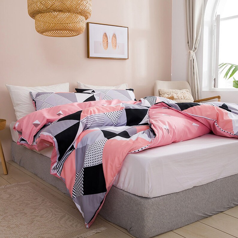 Blush Pink Plaid Queen Duvet Cover Set Modern Black Mini Grid Etsy