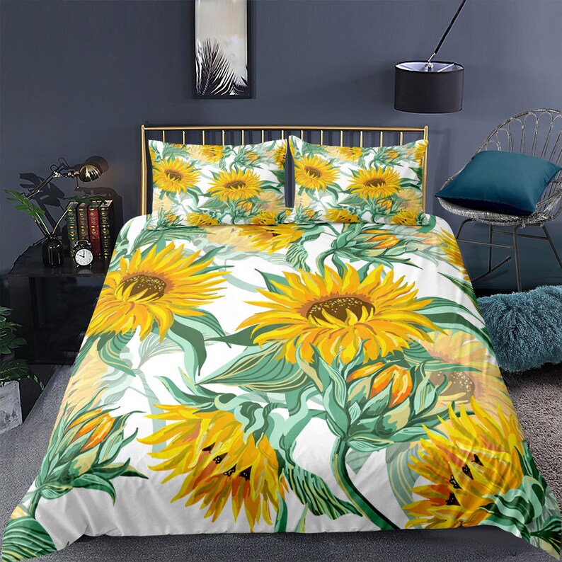 Romantic Flowers Duvet Cover Queen Sunflower Decor Adult Etsy