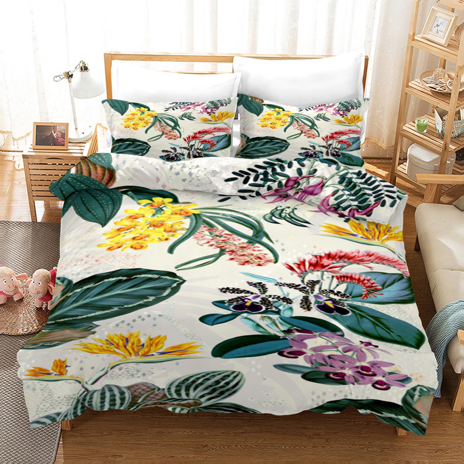 Floral Cotton Duvet Cover Queen 100 Reversible Green Etsy