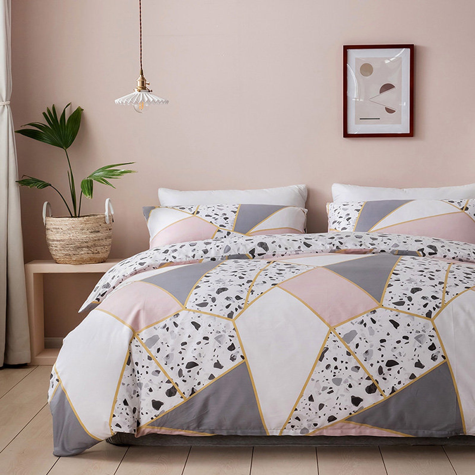 Pink Marble Bedding Natural Cotton Duvet Cover Set Pink Gold Etsy