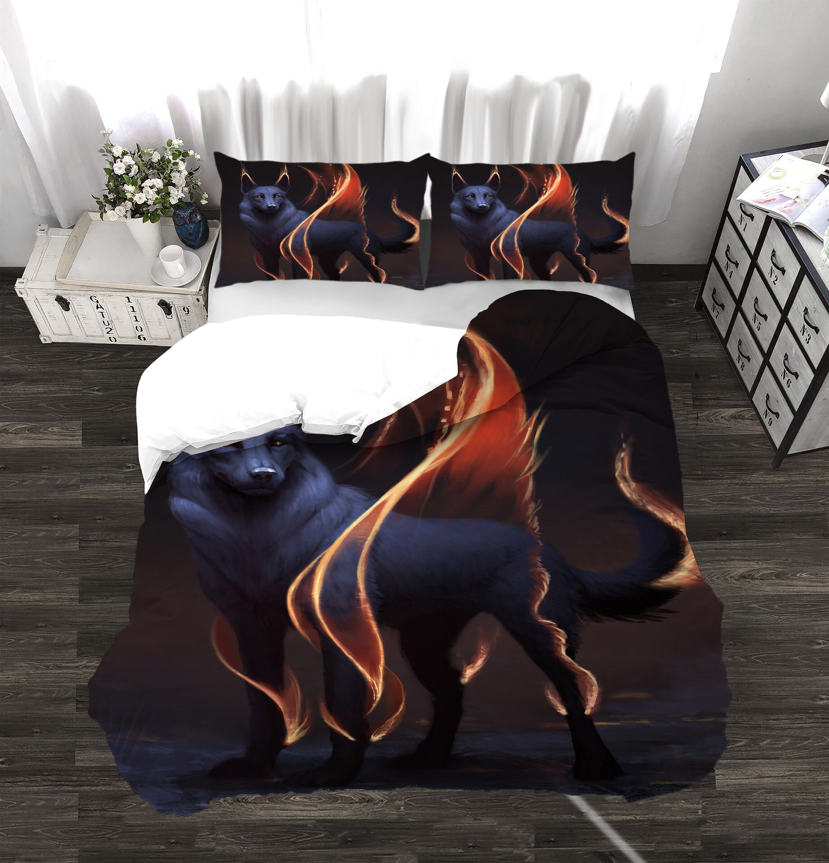 Discover Fantasy Duvet Cover Set, Surreal Werewolf with Electric Eyes in Full Moon Bedding Set