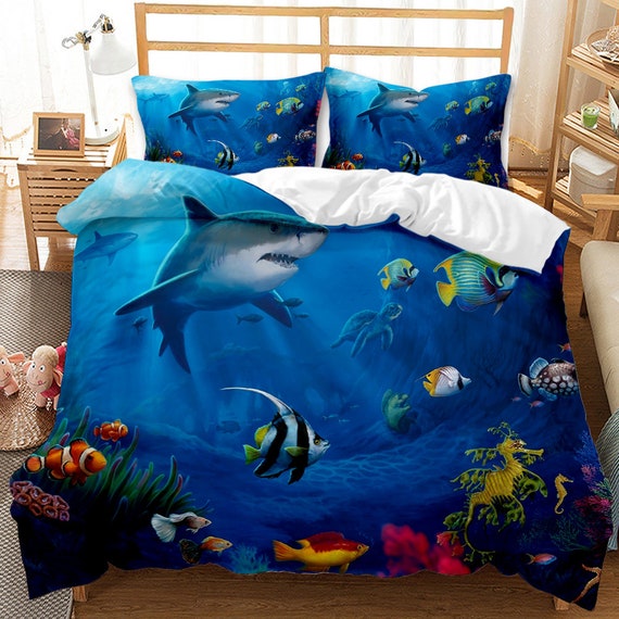 Twin Full or Queen Sharks Ocean Microfiber Bed Sheet Bedding Blue Grey White 