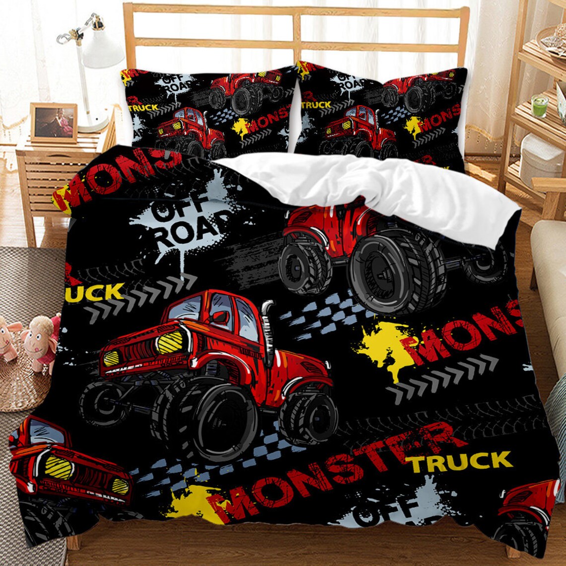 Red Monster Truck Duvet Cover Set Engineering Vehicle Tractor Etsy