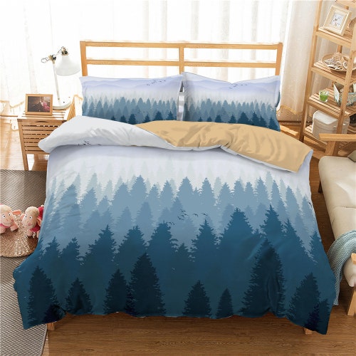 Smoky Mountain Bed Sheet Set forest Trees Plants Sheets Natural Scenery Bedding Set for Men Adults Landscape Painting Fitted Sheet Bedroom Collection 3Pcs Double Size 