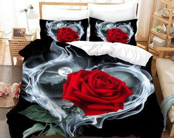 New 3 Piece Red Rose Queen Size Comforter Set Bedding Black Bedspread Floral New 3 Piece Red Rose Queen Size Comforter Set Bedding Black Bedspread Floral