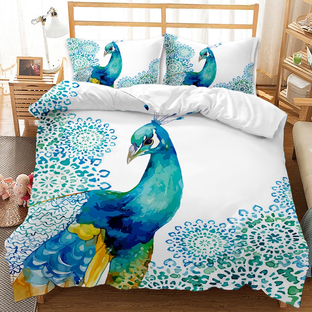 Peacock Decor Duvet Cover Set Kids Queen Cute Animal Theme | Etsy