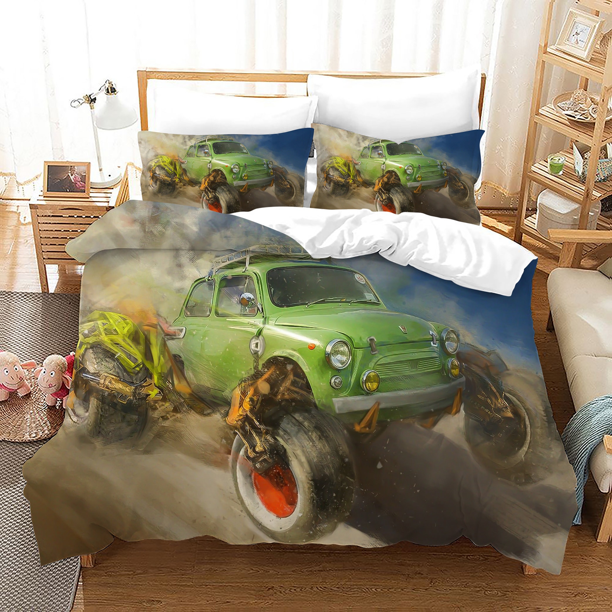 TRUCKS AND TRANSPORT DOUBLE DUVET COVER SET TRACTORS CARS NEW REVERSIBLE 