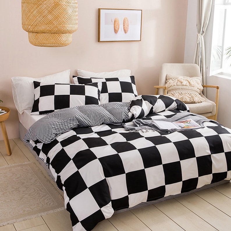 Black and White Grid Duvet Cover Set Geometric Checkered Etsy