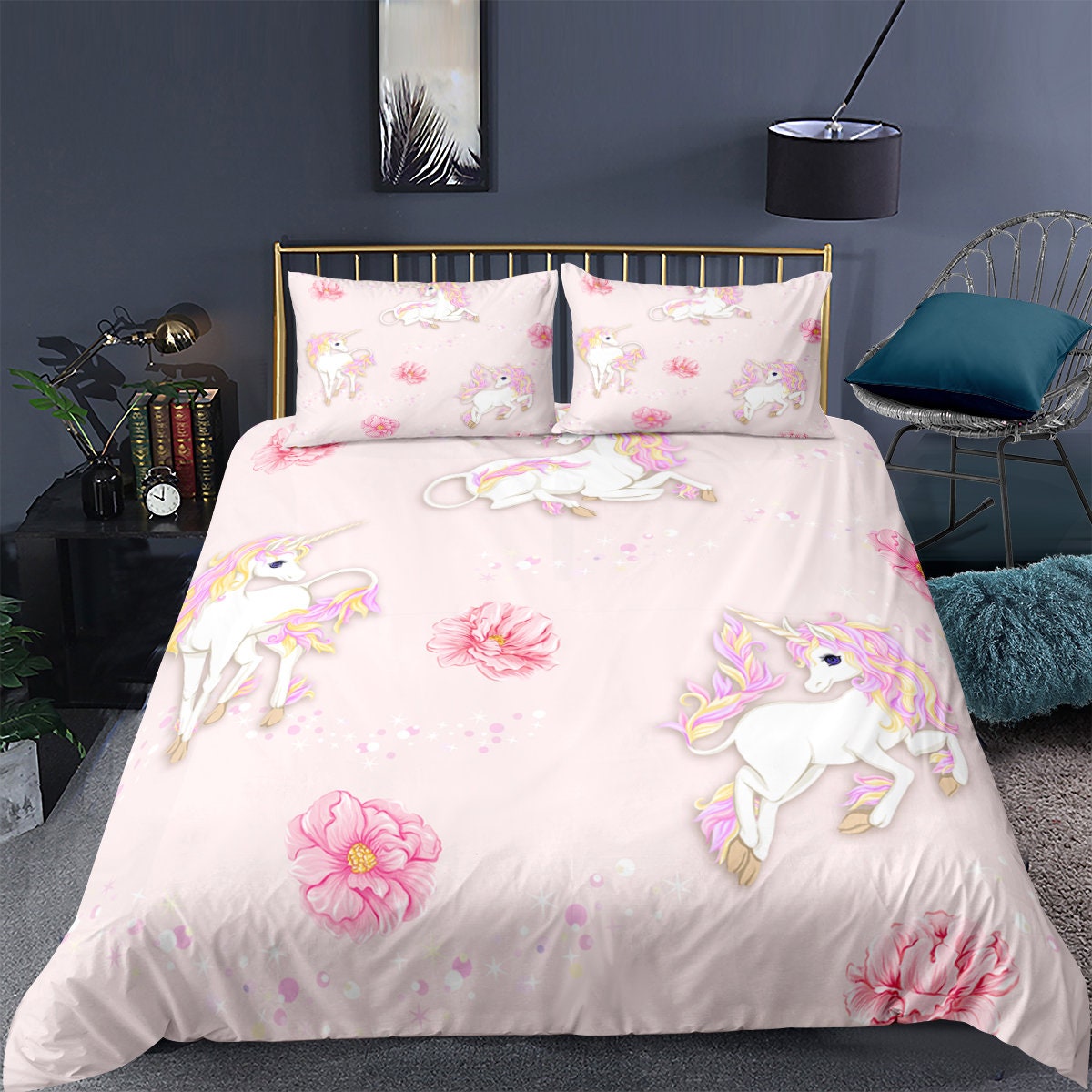 Girls Unicorn Bedding Set Full Size Girls Duvet Cover Cute Etsy