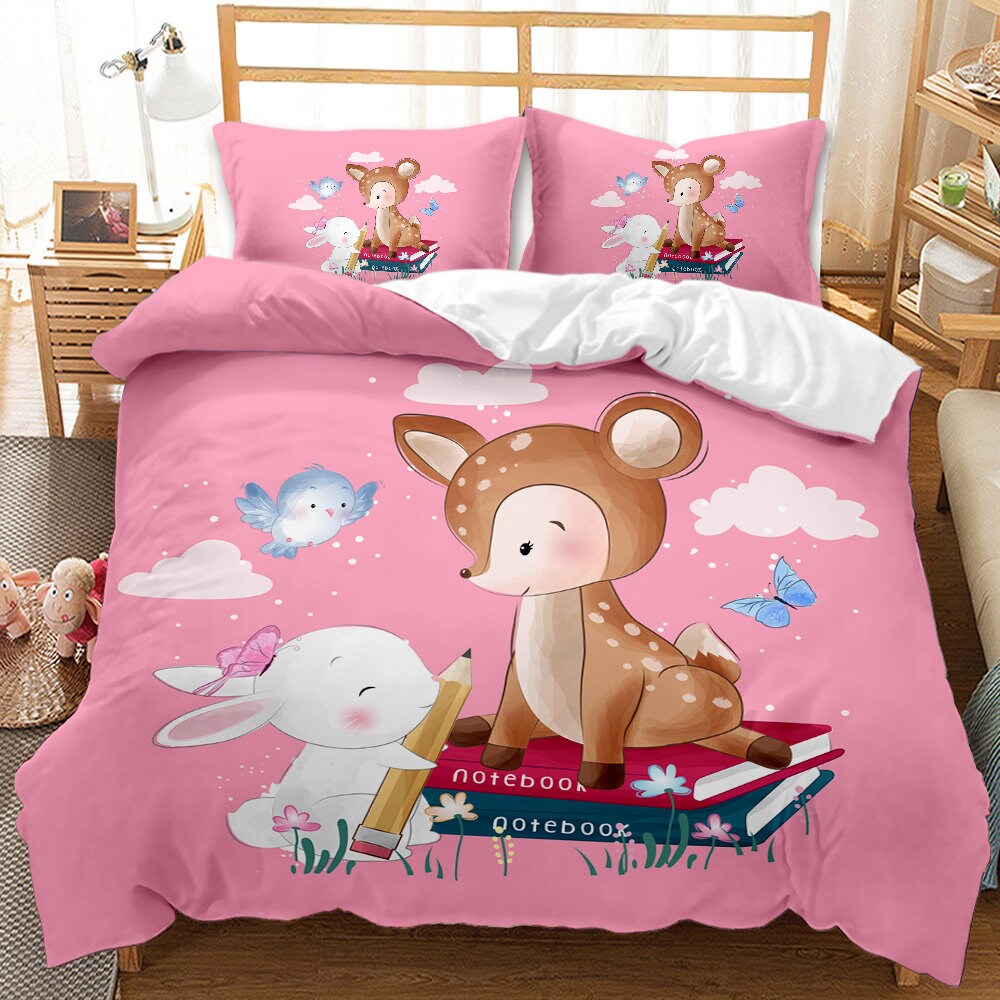 Kids Duvet Cover Girls Cartoon Fox Print Bedding Set Lovely Etsy
