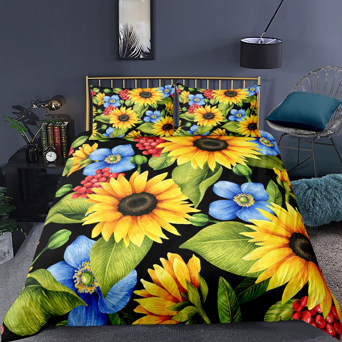 Sunflower Duvet Cover Full Stripes Pattern Decor Bedding Set Etsy