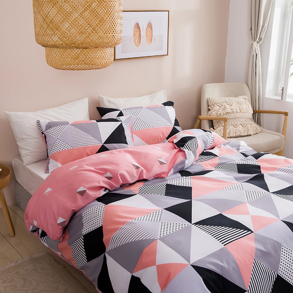 Blush Pink Plaid Queen Duvet Cover Set Modern Black Mini Grid Etsy