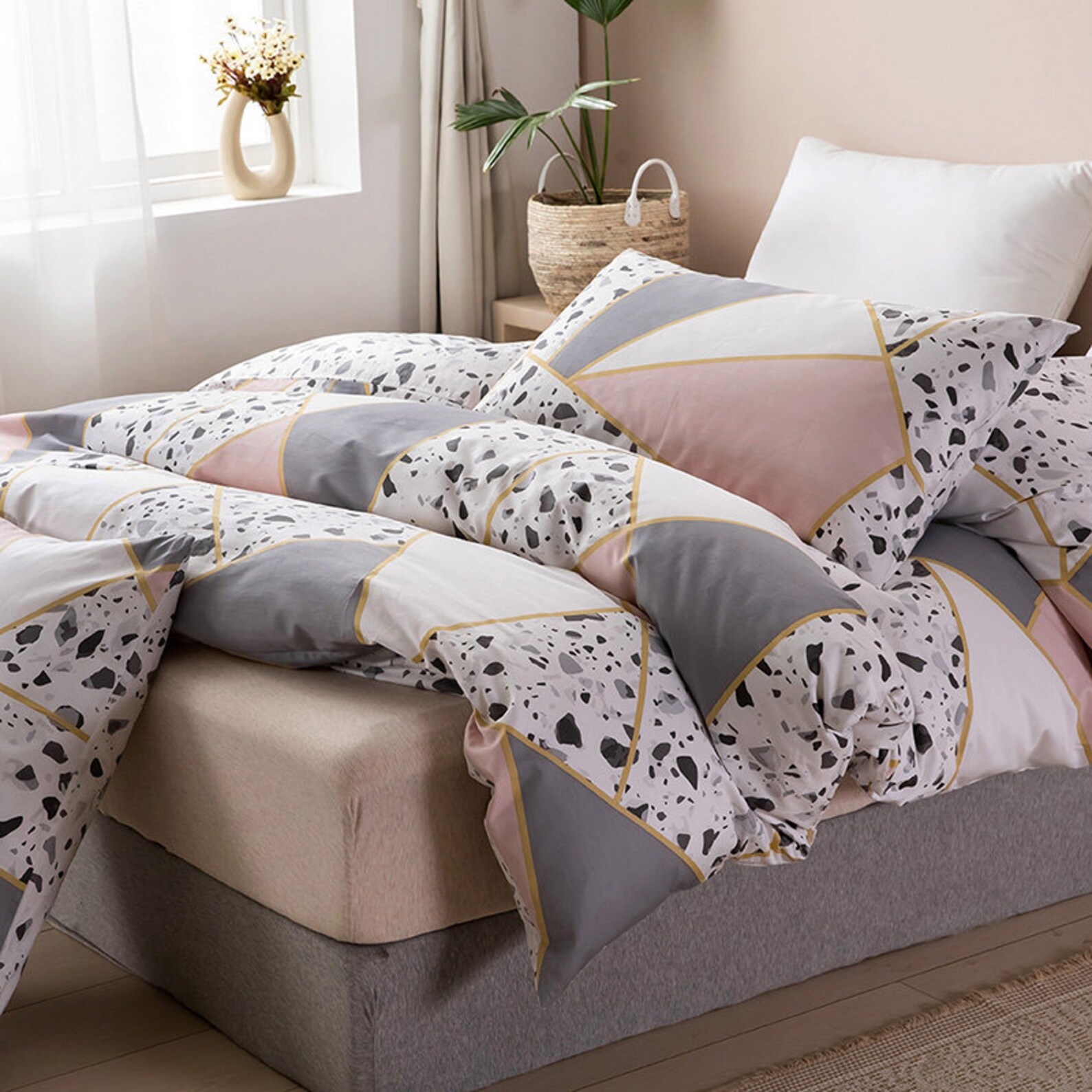 Pink Marble Bedding Natural Cotton Duvet Cover Set Pink Gold Etsy