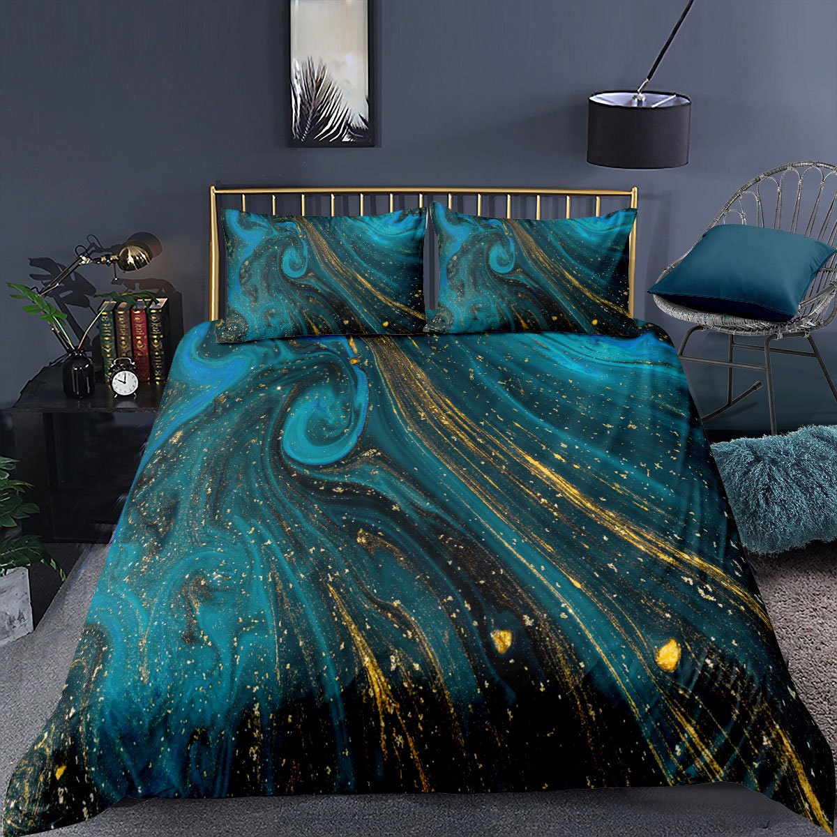 King Bedding Duvet Cover Blue Turquoise Marble and Faux Gold Etsy