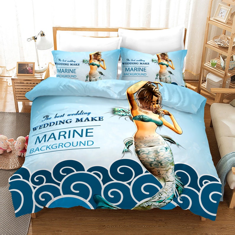 Mermaid Bedding Girls Duvet Cover Queen depot Cartoon Size Import 3D 3 Piece