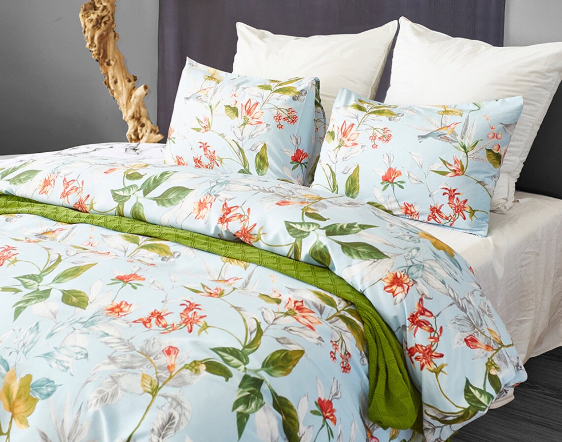 3-teiliges Bettwäsche-Set Mit Bettbezug & Kissenbezug – Doppel/King, Floral, Grau/schwarz/blau/rot