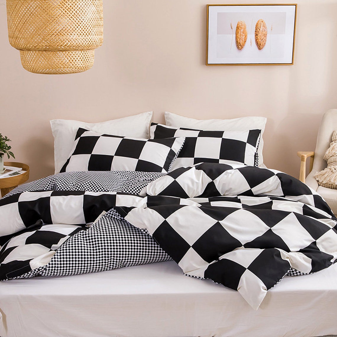 Black and White Grid Duvet Cover Set Geometric Checkered Etsy