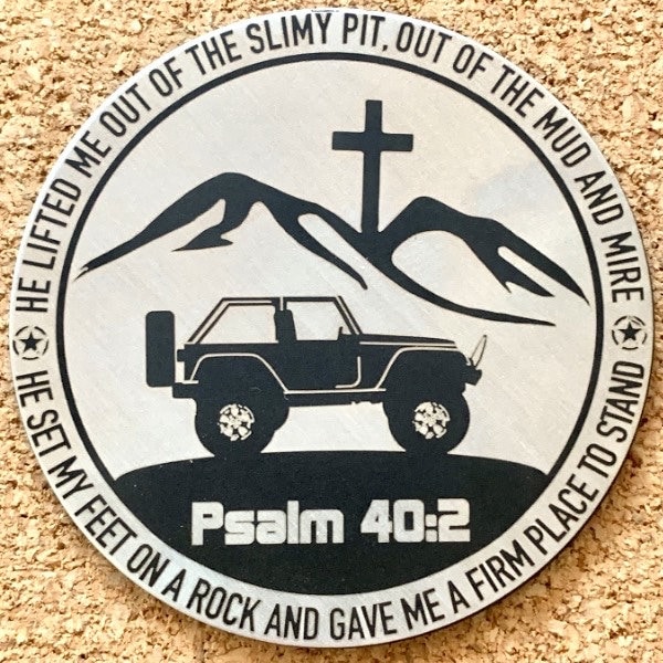 Bible Verse Psalm 40:2 Scripture - Fits 2 Door Jeep Wrangler decal with Silhouette - Metal Badge - Fits Jeep Wrangler- others available