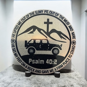Bible Verse Psalm 40:2 Scripture - Fits JKU JLU 4 door Jeep decal with silhouette - Metal Badge - Fits Jeep Wrangler others available.