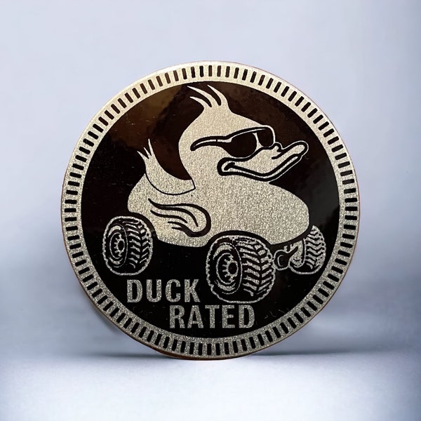 Duck Rated - Metal Vehicle Badge! Our high quality metal badges are 2-3/8” diameter and include 3M Adhesive! Fits Jeep Wrangler