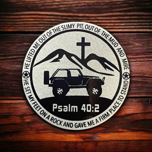 Bible Verse Psalm 40:2 Scripture - Fits 2 Door Jeep Wrangler decal with Silhouette - Metal Badge - Fits Jeep Wrangler- others available