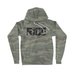 May include: A camouflage green hoodie with a black graphic of people riding snowmobiles and the word "RIDE" in large letters.