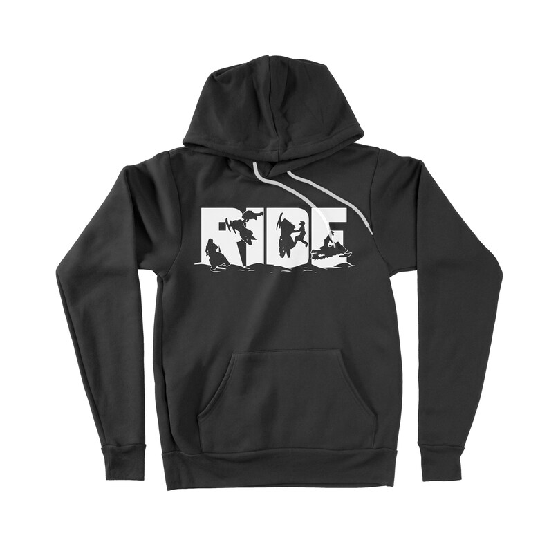 May include: Black hooded sweatshirt with a white graphic of the word "RIDE" featuring silhouettes of people riding snowmobiles, dirt bikes, and jet skis.
