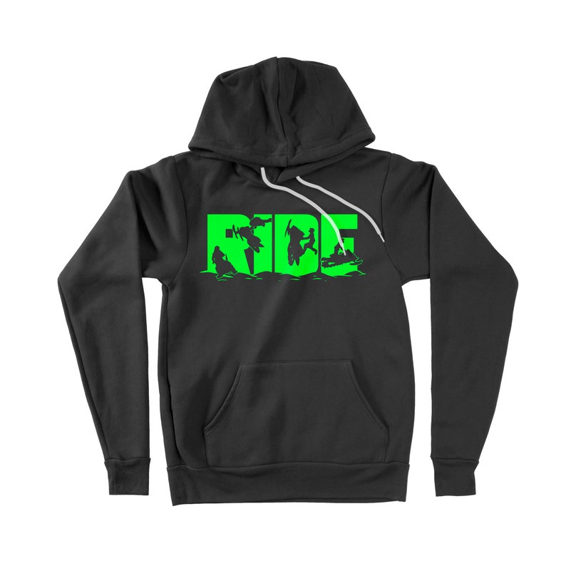 May include: Black hooded sweatshirt with a green graphic of the word "RIDE" with silhouettes of snowmobilers in the letters.