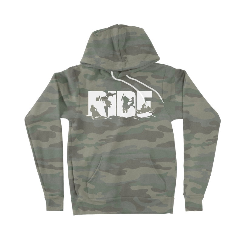 May include: A camouflage green hoodie with a white graphic of the word "RIDE" with silhouettes of people riding snowmobiles.