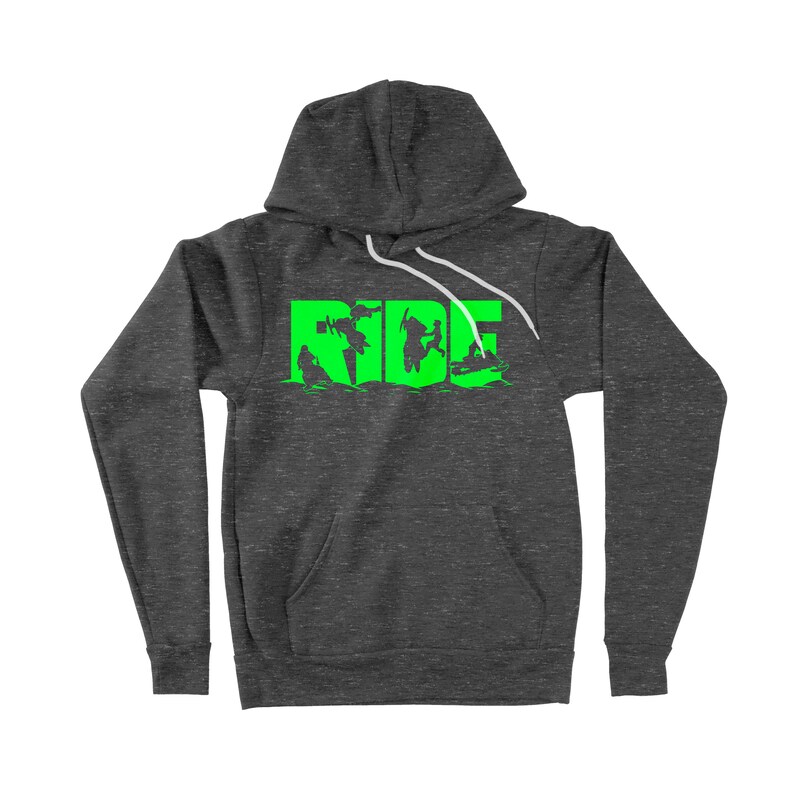 May include: A dark grey hooded sweatshirt with a bright green graphic of the word "RIDE" with silhouettes of people riding snowmobiles.