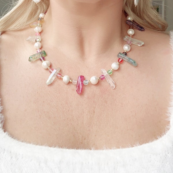 CELESTE - Freshwater Pearl, Aura Quartz, Multi-Color Matte Aurora Mermaid Beads Statement Necklace with 24k gold plated hardware