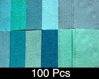 100 Pcs, Embossed Decorative Cardstock, Blue Green Shades, Card Toppers, Card Making, Junk Journaling Paper, Assorted Paper, Scrapbooking