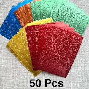 May include: A fan of embossed paper sheets in various colors, including blue, orange, green, yellow, and red. Each sheet features a unique textured pattern. The image shows a total of 50 pieces, as indicated by the text.